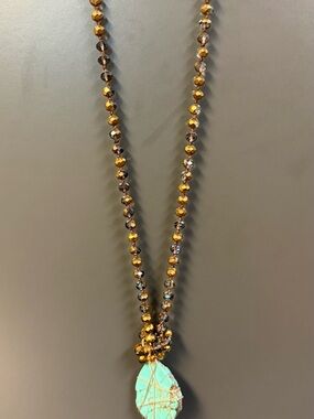 Handmade Natural Turquoise Stone with Drop Pendant with Gold Beaded 35” Chain